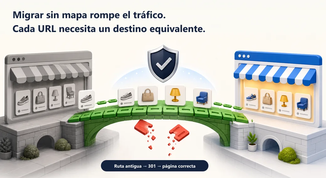Las rutas de producto cruzan de la tienda antigua a la nueva mediante redirecciones hacia destinos equivalentes