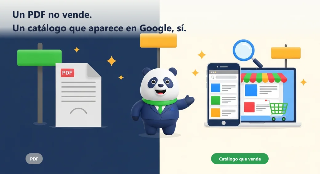 Comparación: un PDF bonito no rankea, no se puede comprar y se desactualiza; un catálogo que vende rankea en Google, permite comprar o pedir por WhatsApp y se mantiene al día