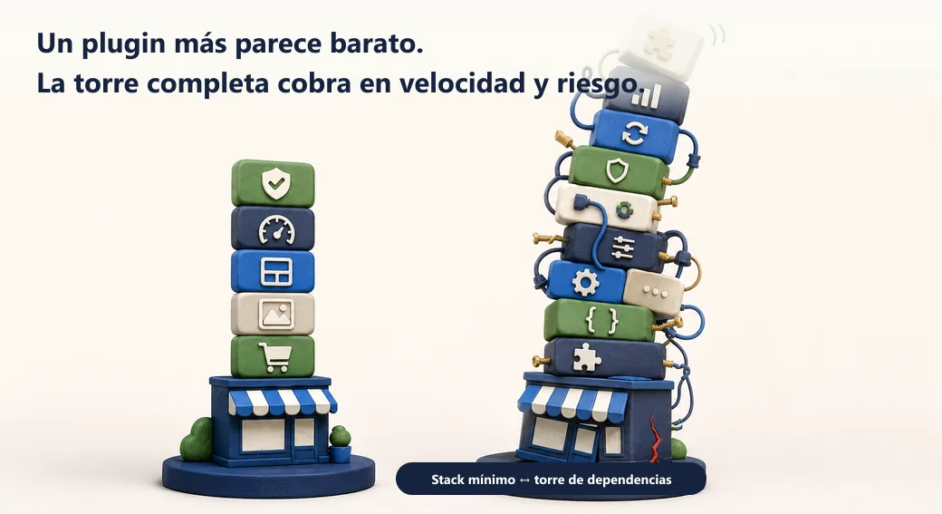 Una torre corta de plugins sostiene la tienda; una torre Frankenstein de dependencias se inclina y agrieta la base