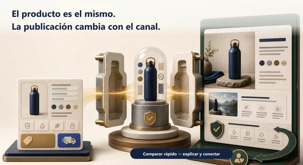 La misma verdad de producto cruza dos moldes: una publicación técnica para comparar y una página propia para explicar y conectar