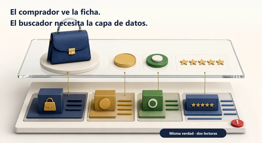 La ficha muestra producto, precio, disponibilidad y reseñas; debajo, una capa de datos representa exactamente los mismos hechos