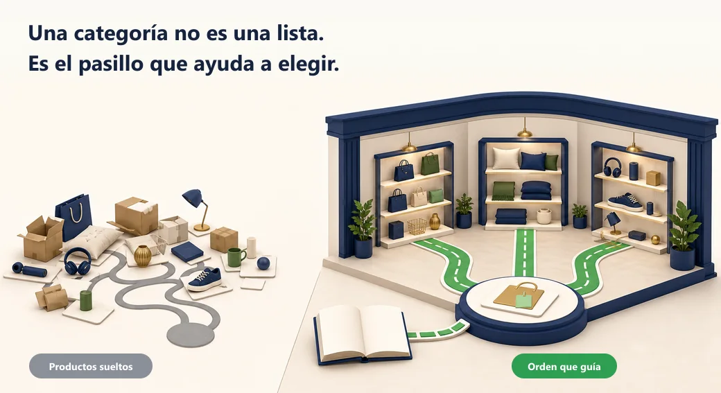 Una categoría ordena los productos como un pasillo claro, en lugar de dejarlos sueltos sin una ruta para elegir