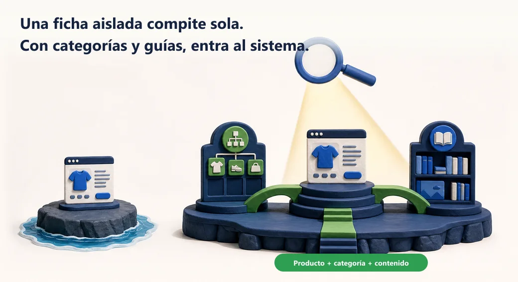 Una ficha aislada queda fuera del circuito; categorías y guías la conectan al sistema que recibe la búsqueda