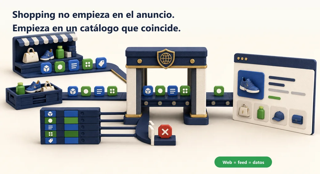 El catálogo web, el feed y los datos estructurados deben coincidir para que el producto atraviese la inspección de Shopping