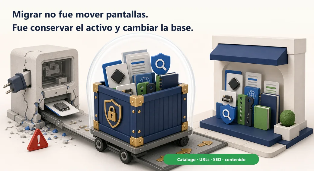 Una caja protegida traslada el catálogo, las URLs, la base SEO y el contenido desde un sistema frágil hacia una tienda propia estable