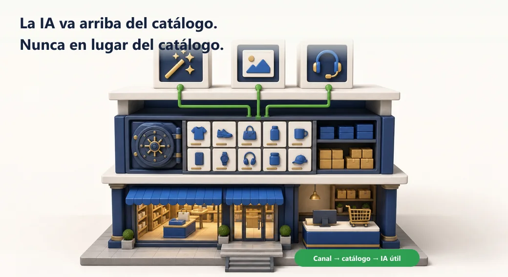 La tienda sostiene el catálogo en el centro y las herramientas de IA trabajan arriba conectadas a esa fuente de verdad