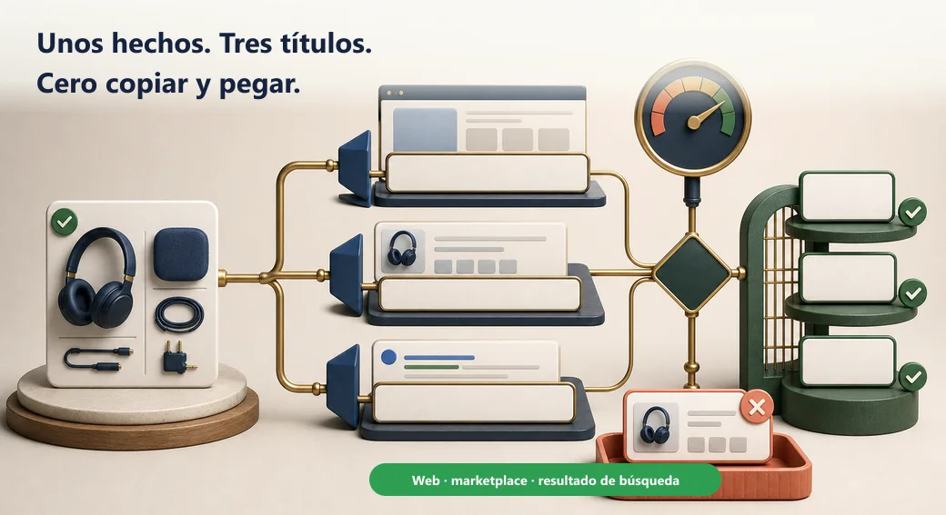 Un mismo bloque de hechos produce títulos diferentes para web, marketplace y buscador, mientras un control devuelve los duplicados