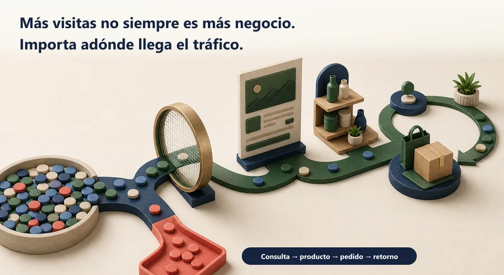 Muchas visitas se filtran por intención; solo la ruta relevante conecta consulta, contenido, producto, pedido y retorno