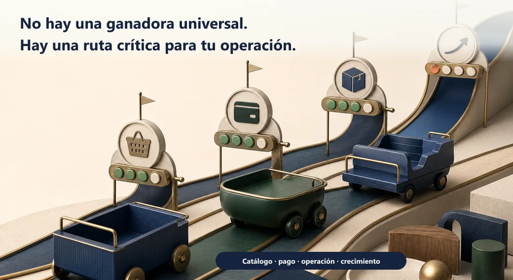 Tres plataformas distintas recorren la misma pista de catálogo, pago, operación y crecimiento sin una ganadora universal