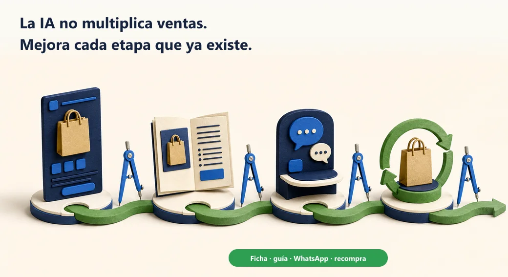 La IA mejora cuatro estaciones de un sistema que ya existe: ficha, guía, conversación y recompra