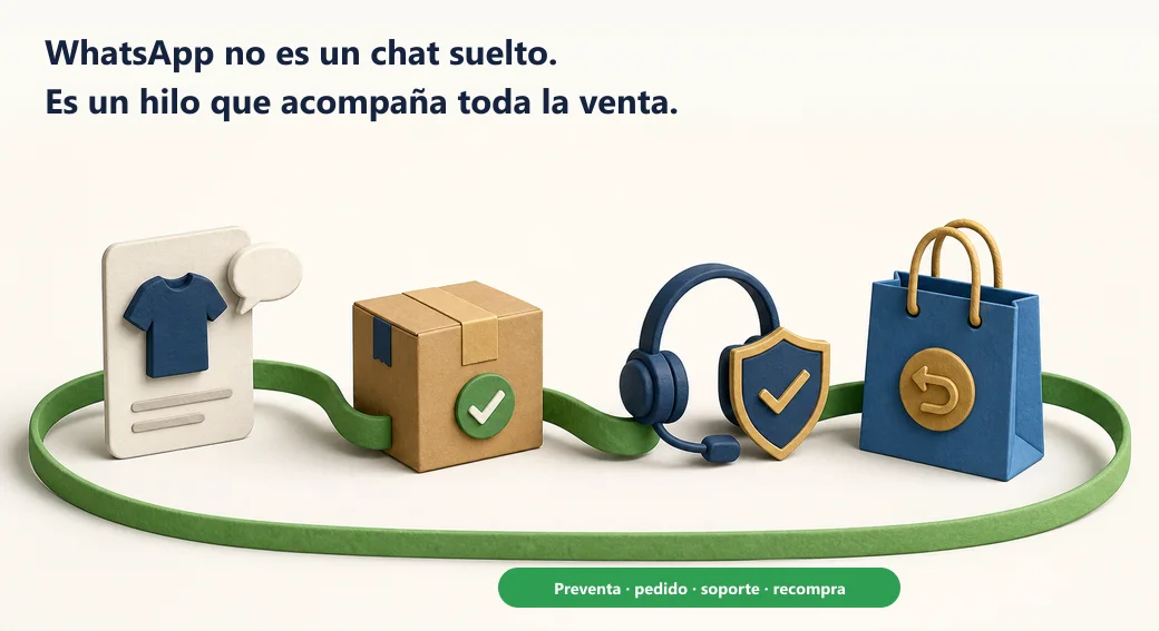 Un mismo hilo de WhatsApp conserva el contexto desde la preventa y el pedido hasta el soporte y la recompra