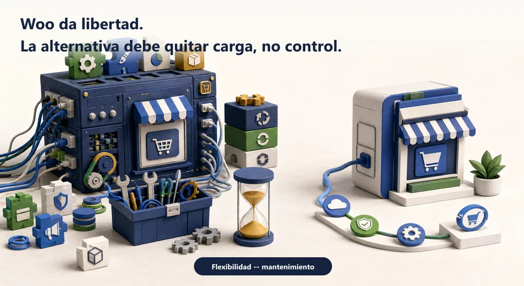 WooCommerce ofrece una máquina modular y flexible con carga de mantenimiento; una alternativa integrada debe reducir esa carga sin quitar control