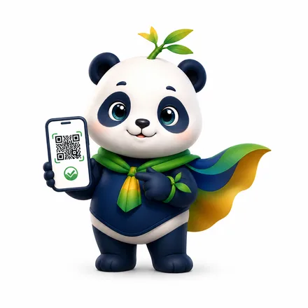Mony, la mascota de Monyi, con un dispositivo y un código QR